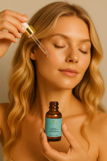 Mujer aplicando Serum Ácido Hialurónico Yaskin Mujer aplicando serum de ácido hialurónico Yaskin en su rostro, hidratando su piel.